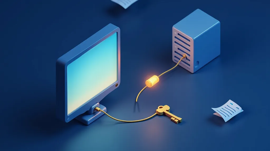 Isometric scene of an app block linked to a server by a glowing cable and a key, showing an API key connection