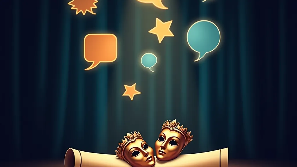 Stage with floating chat bubbles and masks illustrating text-based roleplay with a language model